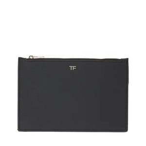 Tom Ford Pebbled Leather Black Large Clutch Pouch Gold Trim Zipper Authentic New